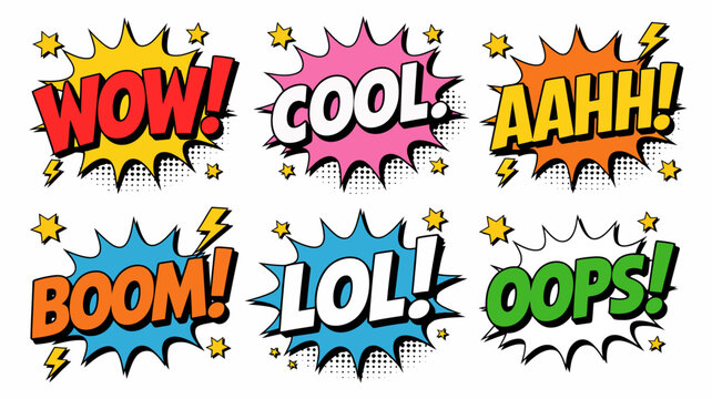 comic speech bubble set with wow cool boom and oops text colorful vector illustration