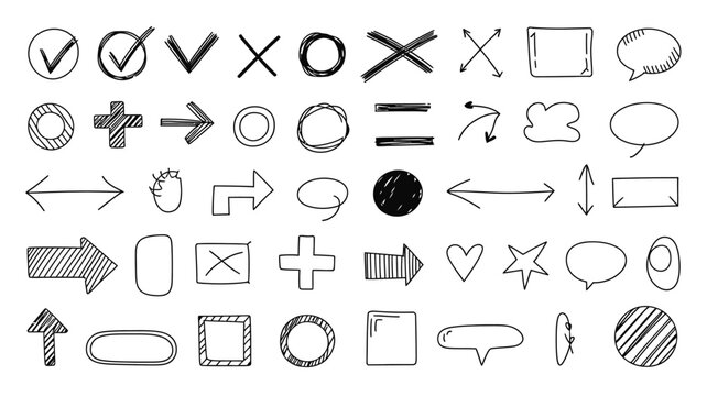 hand drawn checkmarks x marks arrows and doodle shapes collection black and white