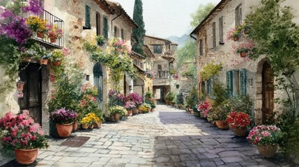 Fototapeta premium A watercolor depicts a sun-drenched cobblestone street in a European village, buildings adorned with colorful flowers. Lush greenery abounds