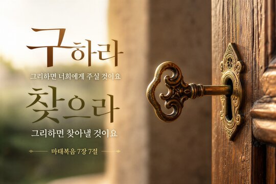 Matthew 7:7 Scripture: Ask, Seek, Knock, Inspirational Christian Poster with Elegant Typography and Serene Background