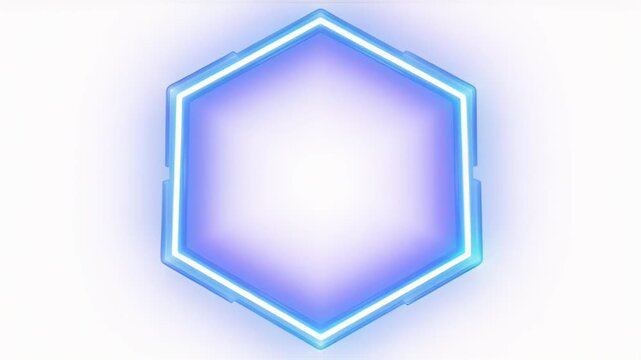 Glowing neon hexagon geometric light emblem with blue glow and abstract design.