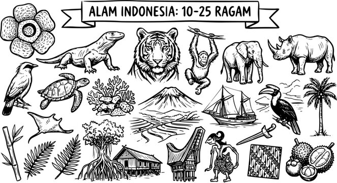 Black and White Line Art of Indonesian Nature and Culture - Animals, Plants, Landmarks, and Traditions