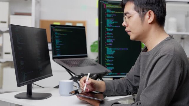 Engaging online meeting for software development home office digital interaction focused environment side view remote collaboration