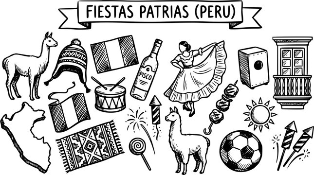 Peruvian Fiestas Patrias Celebration: Hand-Drawn Black  White Line Art Doodle Collection of Cultural Symbols, National Icons  Travel Elements