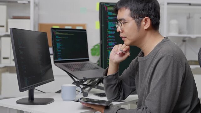 Focused programmer analyzing code on computer tech office digital workspace modern environment side view productivity concept