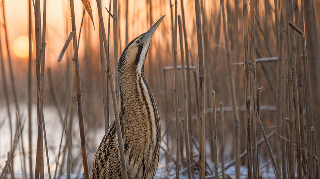 Eurasian bittern peering out of reeds at golden sunset