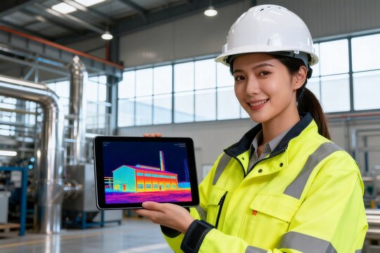 Industrial engineer holding thermal imaging tablet