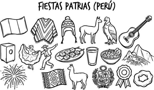 Peruvian National Holidays (Fiestas Patrias) Black  White Line Art Icons Set. Culture, Travel, Food, Animals  Symbols of Peru.