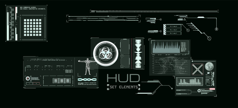 Futuristic HUD interface elements with data charts, biohazard symbol, and human scan