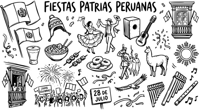 Black and White Line Art Celebration of Peruvian National Holidays with Symbols and Music