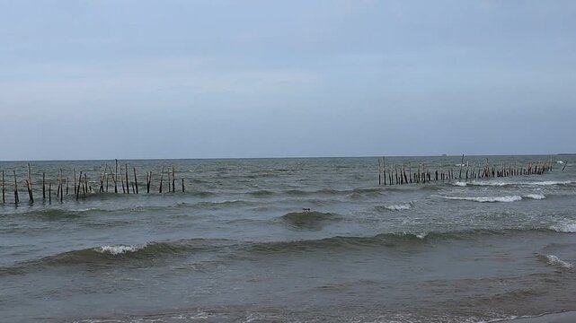 Ocean waves break between the bamboo breakwaters on the north coast of Tuban, East Java, Indonesia.