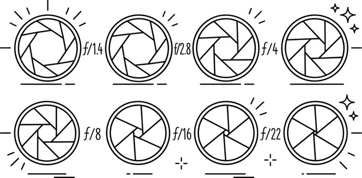 Camera Aperture Size Chart Icon Set featuring Shutter F Stop Openings from Wide to Narrow Exposure