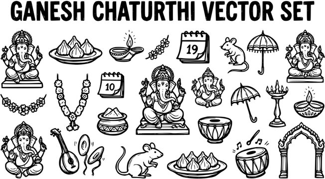 Ganesh Chaturthi Vector Set - Black  White Hand-Drawn Line Art Icons of Lord Ganesha, Modaks, Diya, and Traditional Hindu Festival Elements