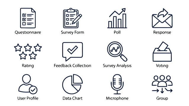 Professional set of 12 survey and polling line icons including questionnaire, survey form, poll, response, rating, feedback collection, survey analysis, voting, user profile, data chart, microphone,