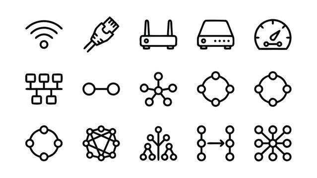 Set of 15 Network and Connectivity Line Icons Featuring WiFi, Ethernet Cable, Router, Modem, Bandwidth, Latency, Bus, Star, Ring, Mesh, Tree, and Hybrid Network Topology Diagrams for IT Design