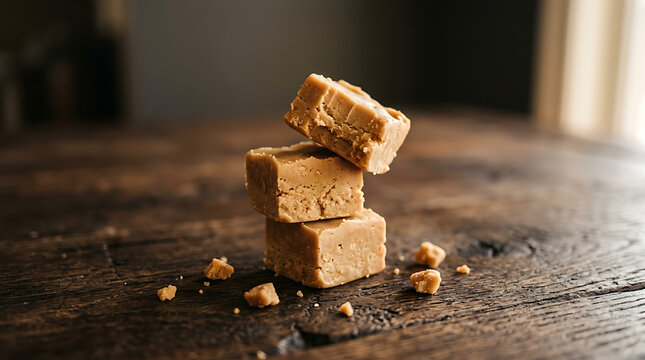 Delicious homemade fudge stacked on a rustic wooden table surface