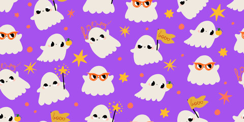 Naklejka premium Vibrant purple Halloween pattern with magical spooky ghosts Adorable hand drawn characters seamless background for festive kids party wrapping