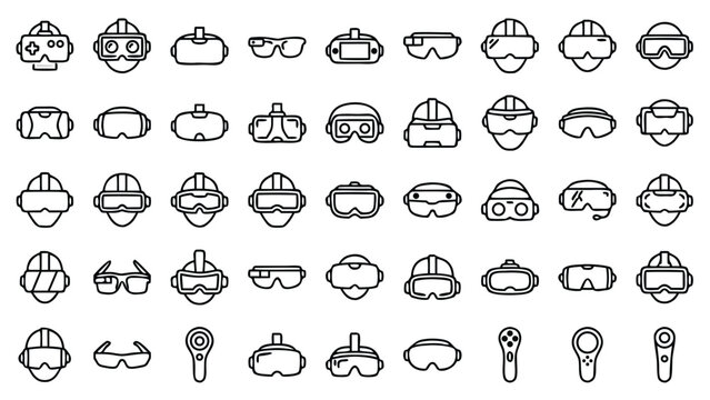Comprehensive Vector Set of Virtual Reality and Augmented Reality Headset Line Icons; Minimalist Collection of VR Goggles, AR Smart Glasses, and Motion Controllers for Gaming and Simulation.