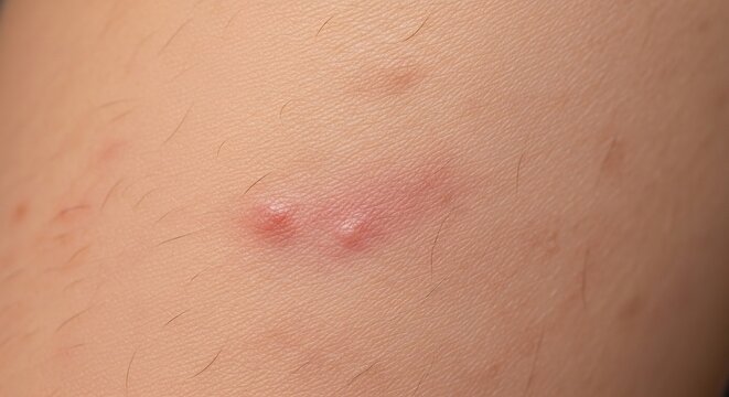 Close-up of Skin with Two Pimples and Redness.