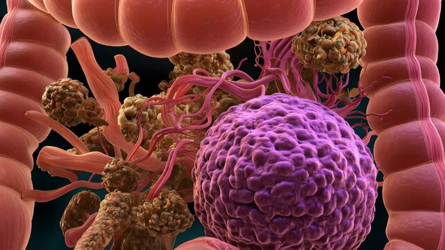 Microscopic view of colon with disease progression and cellular growth during medical research