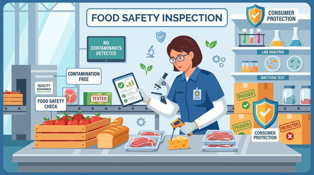 Female Inspector Conducting Food Safety Quality Control Checks in a Laboratory Flat Vector Illustration