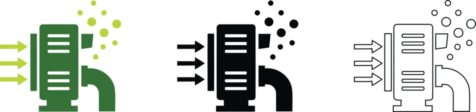 Air filtration system and ventilation icon set. Purifier, filter, and HVAC symbols. Green, black, and outline styles for clean energy.