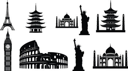 World landmark silhouette collection, global outline figure, architecture motif illustration, cultural icon art, heritage design graphic, travel posture symbol image © Fenshi
