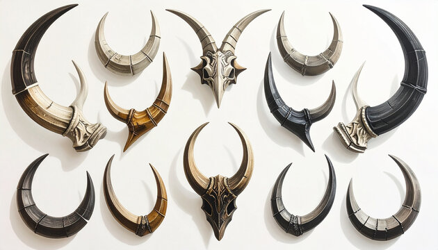 Collection of decorative fantasy horns and skulls on white