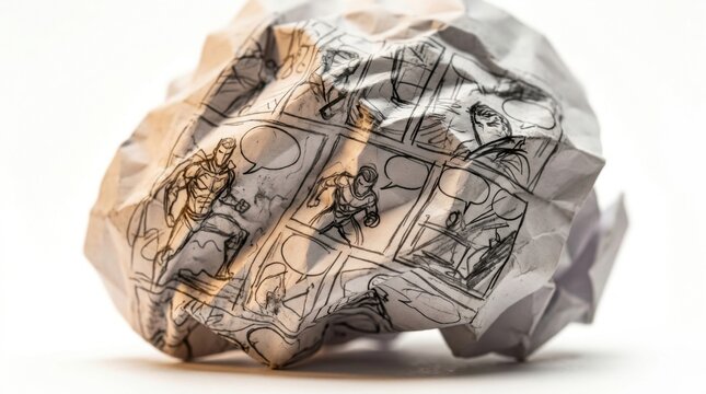 Crumpled Paper Ball with Comic Book Storyboard Sketches