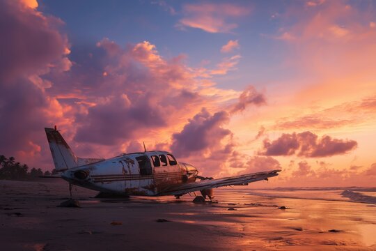 Small private plane belly-landing on an empty beach at sunset, no fire, dramatic sky, survival and relief concept