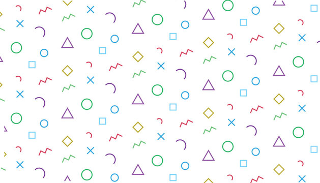 Colorful memphis pattern background with geometric pastel shapes for seamless overlay and decorative design
