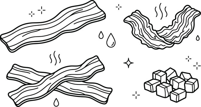 Crispy Bacon Strips and Diced Pork Belly Lardon Icon Set with Hot Sizzling Cooking Doodle Elements