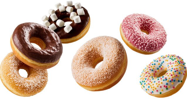 Assorted donuts with chocolate pink, and sprinkles frosting
