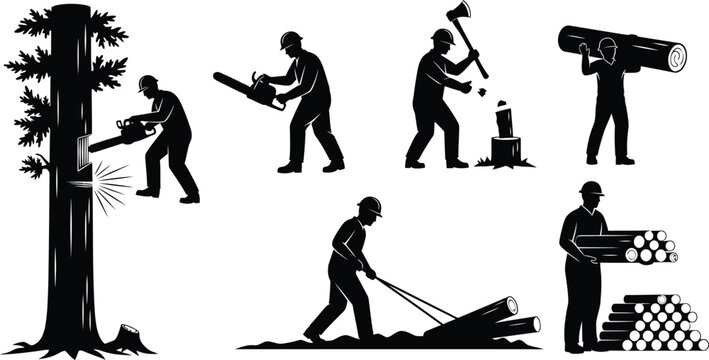 Lumberjack silhouette set showing forestry workers cutting trees and transporting logs in a flat vector illustration style