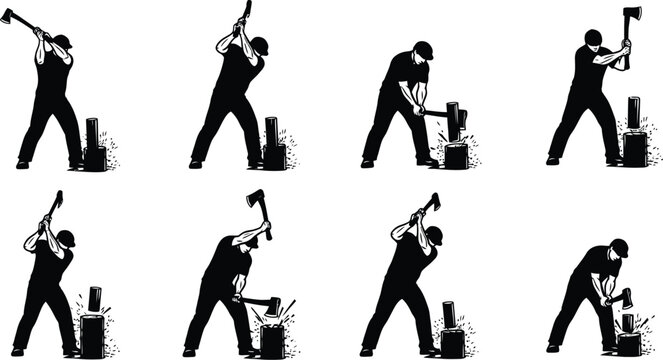 Lumberjack chopping wood with axe silhouette set showing various action poses for forestry and manual labor concepts