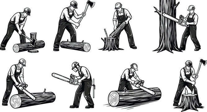 Lumberjack woodcutter set with axes and chainsaws working on logs and trees in vintage engraving vector illustration