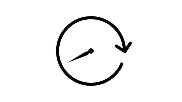 Clock icon animation with clockwise arrow on white background. outline clock with rotating arrow indicating time progress animation