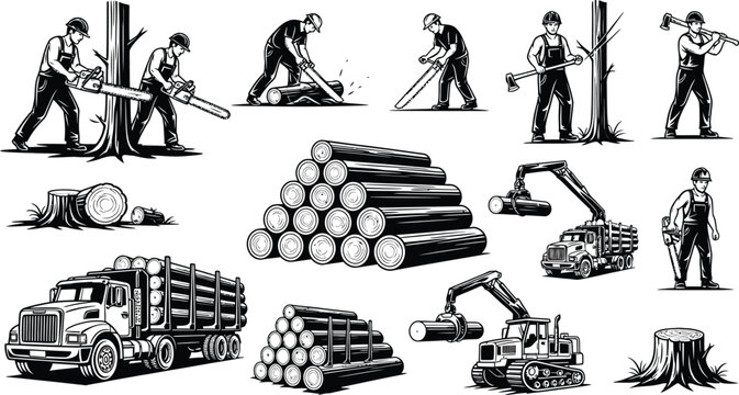 Logging industry set with lumberjacks, timber trucks, heavy machinery, and stacked logs in vintage engraving vector style