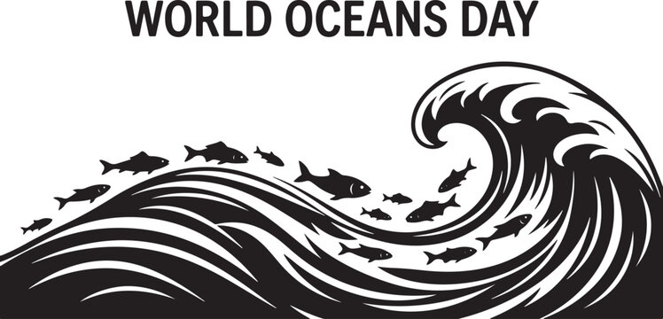 World Oceans Day Illustration: A stylized illustration depicting a large wave with a school of fish swimming alongside, celebrating World Oceans Day.