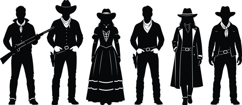 Wild West silhouette collection, cowboy outline figure, gunslinger motif illustration, outlaw icon art, frontier design graphic, western character symbol