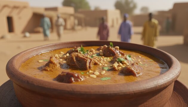 Traditional West African maafe peanut stew with beef serves in clay bowl with blurred village background in Senegal
