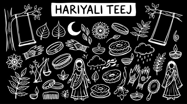 Black and White Line Art Hariyali Teej Festival Doodle Set. Traditional Indian Cultural Celebration Elements: Swings, Mehndi, Bangles, Sweets, Women, Leaves, Diyas. Hand-drawn Sketch.