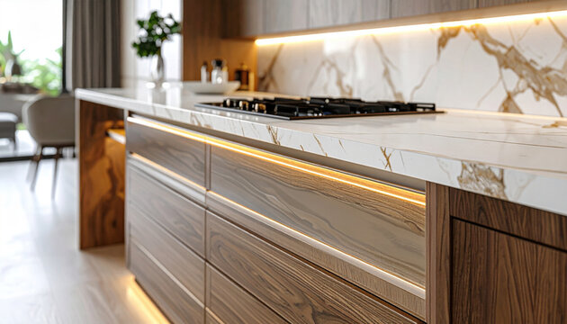 Modern luxury kitchen island featuring wooden cabinets marble countertops and warm integrated led strip lighting in a contemporary home