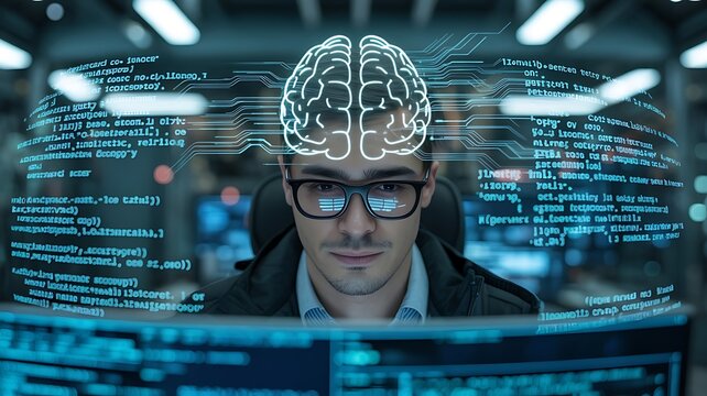 young male hacker with glowing brain overlay and digital code background technology concept