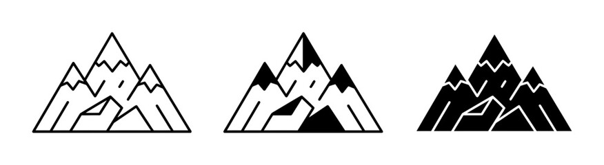 Mountain Icons Set: Minimalist Peaks, Outline & Silhouette Vector Graphics for Adventure and Nature Themes © Sathi