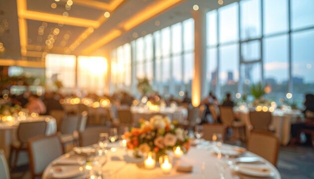 Elegant wedding reception ballroom decorated with round tables floral centerpieces and warm ambient lighting during sunset dinner