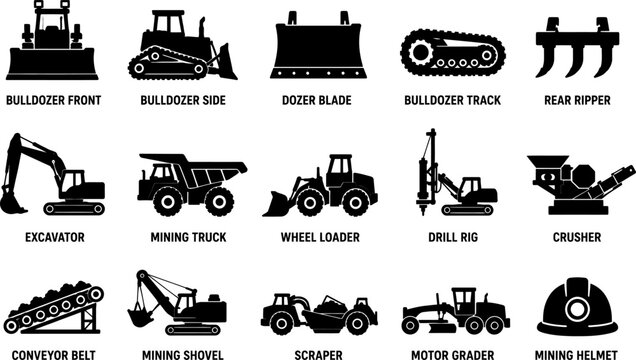 Heavy mining construction equipment set with bulldozer excavators trucks loaders and other industrial vehicles used in earthmoving and material handling vector illustration collection.