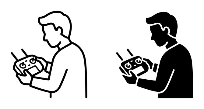 Drone Pilot Icon Set, Remote Control Operator, Aerial Photography Control, Technology Interface Graphics