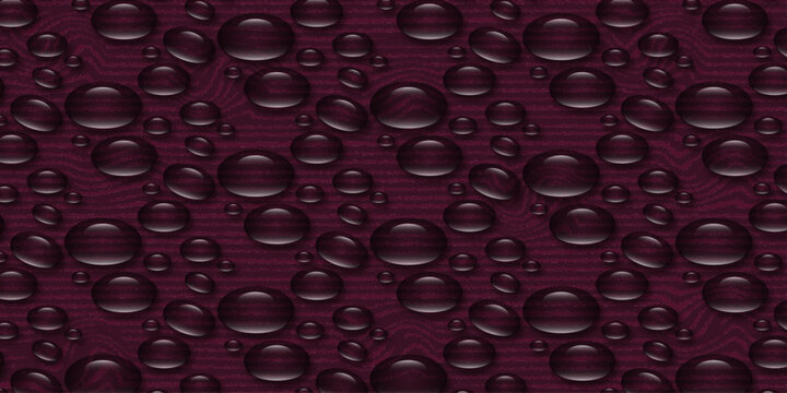 Abstract seamless pattern of transparent water drops on textured dark purple wavy background