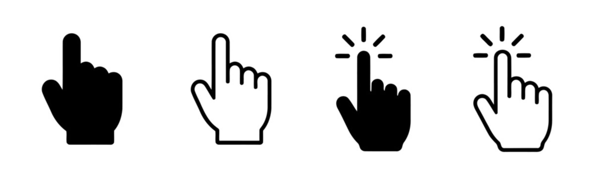 Hand cursor clicking icons vector ilustration showing finger pointing gesture for website navigation, set of black touch screen symbols and mouse pointers on transparent background image.